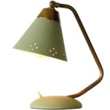 EWÅ perforated bedside table lamp folded round base brass rod conical lampshade wall Sweden 1950s 1960s