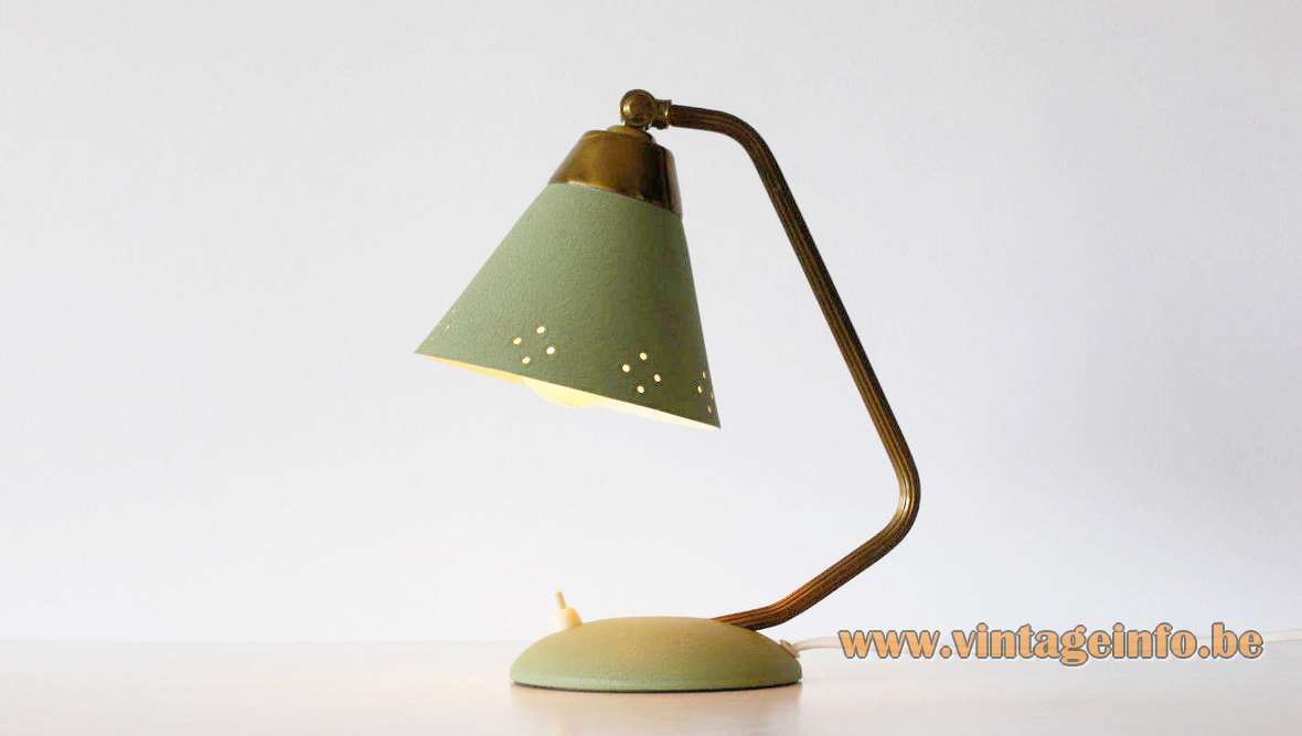 EWÅ perforated bedside table lamp folded round base brass rod conical lampshade wall Sweden 1950s 1960s 