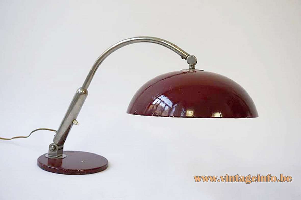 Hala desk lamp 144 design: Herman Busquet maroon round base & lampshade curved chrome rod 1960s 1970s
