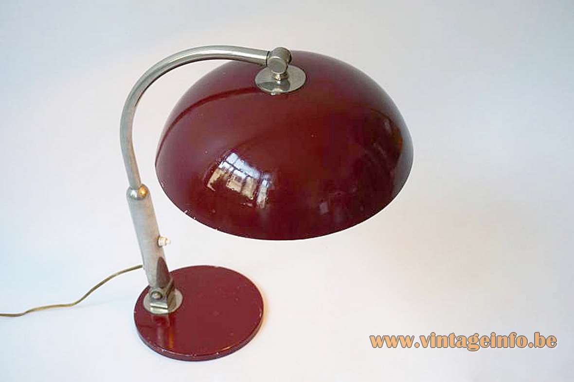 Hala desk lamp 144 design: Herman Busquet maroon round base & lampshade curved chrome rod 1960s 1970s