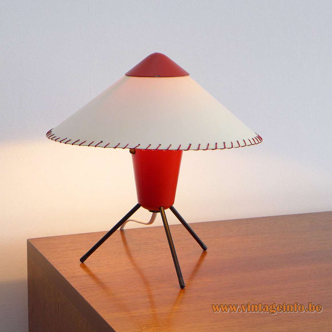 Helena Frantova tripod table lamp conical red tube cone lampshade Zukov Czech Republic Josef Hurka 1950s 