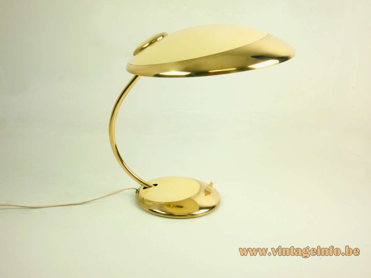 Helo Leuchten desk lamp brass base curved rod round mushroom lampshade cream vanilla paint 1950s 1960s