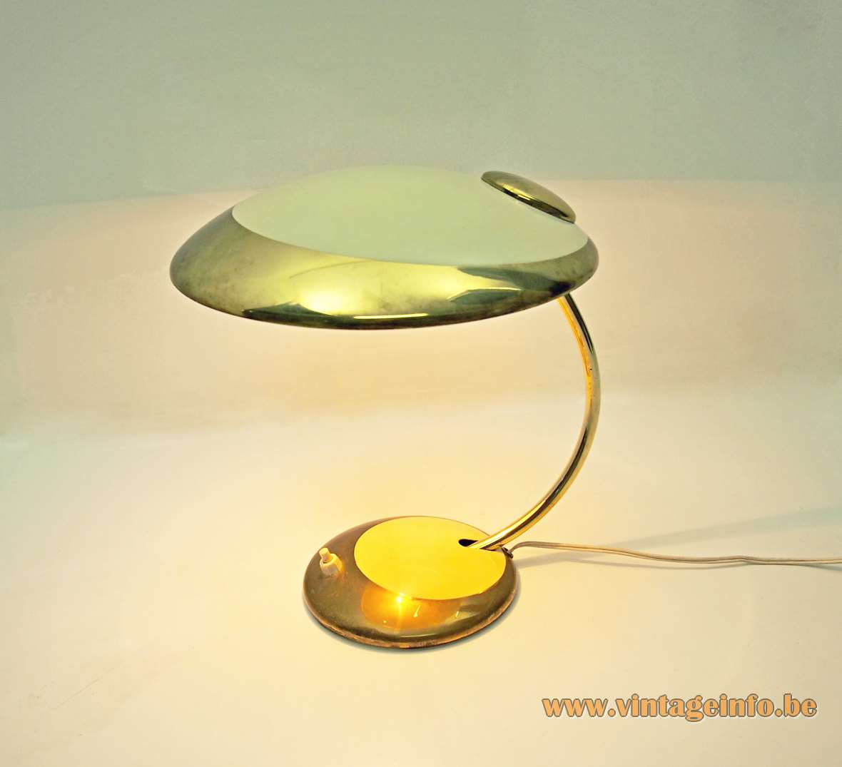Helo Leuchten desk lamp brass base curved rod round mushroom lampshade cream vanilla paint 1950s 1960s
