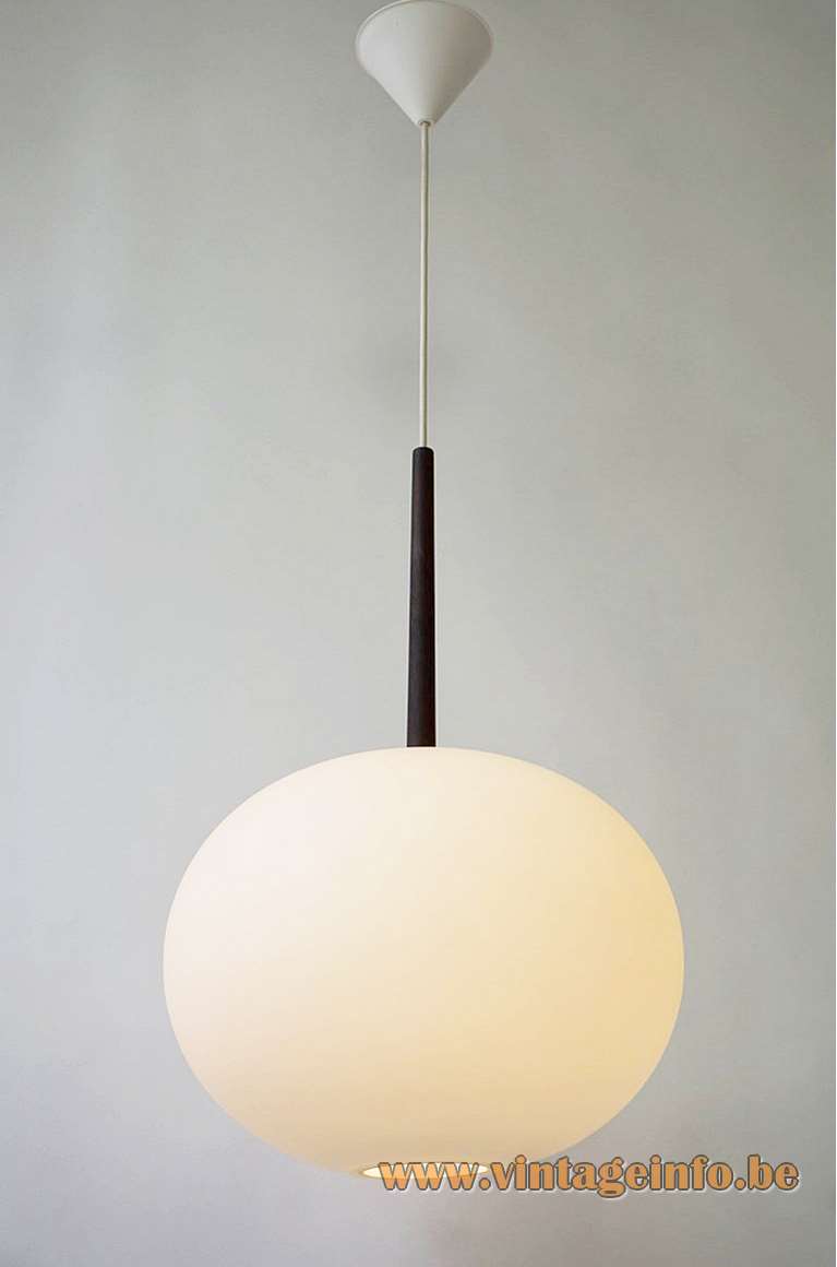 Luxus globe pendant lamp satin opal glass lampshade teak rod design: Uno & Östen Kristiansson 1960s Sweden