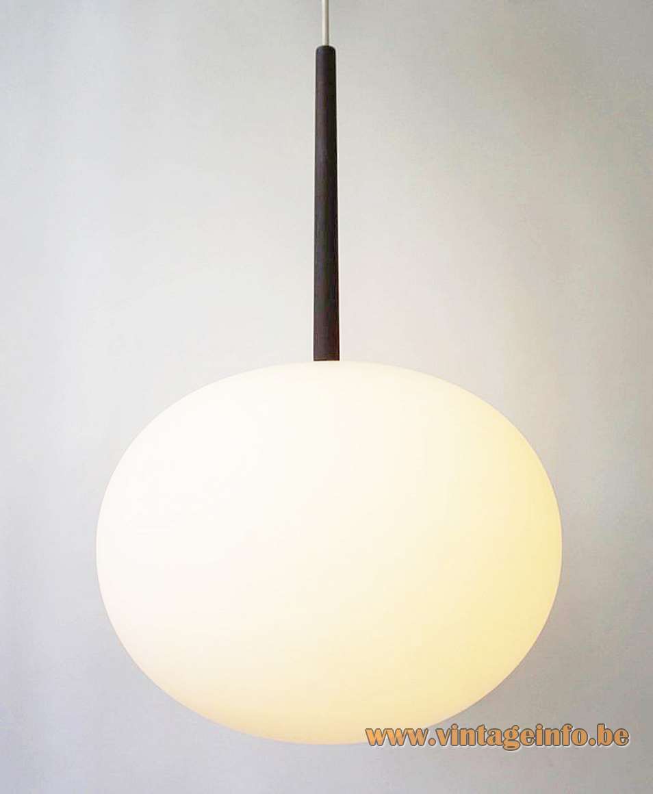 Luxus globe pendant lamp satin opal glass lampshade teak rod design: Uno & Östen Kristiansson 1960s Sweden