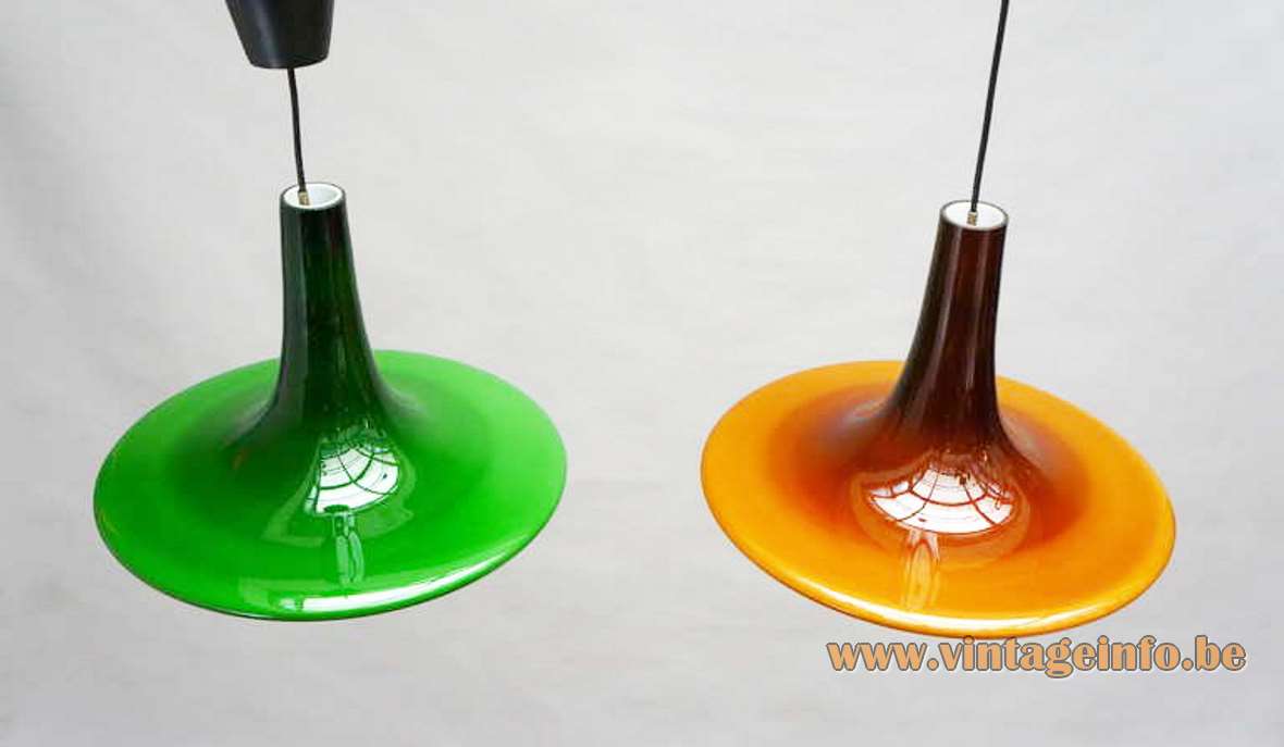 Peill + Putzler UFO pendant lamp model AH11 green & brown glass conical disc lampshade 1970s Germany vintage