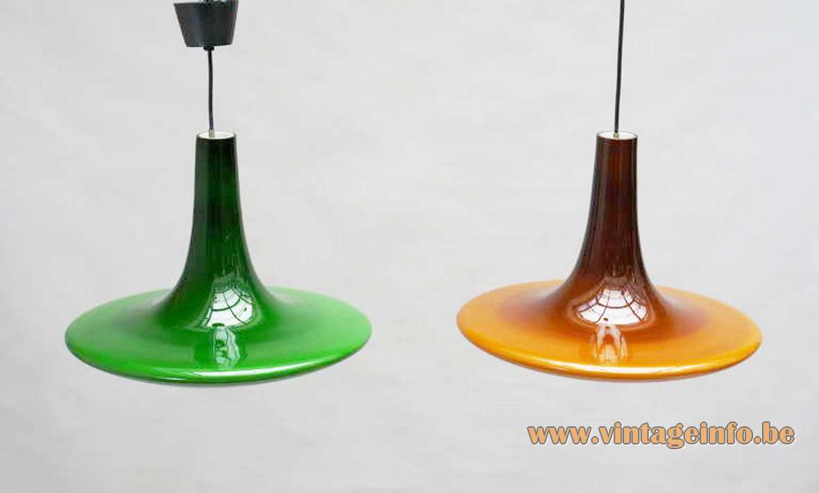 Peill + Putzler UFO pendant lamp model AH11 green & brown glass conical disc lampshade 1970s Germany vintage