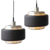 Philips aluminium pendant lamps round brushed metal black ring 1970s 1980s The Netherlands model LPG 201