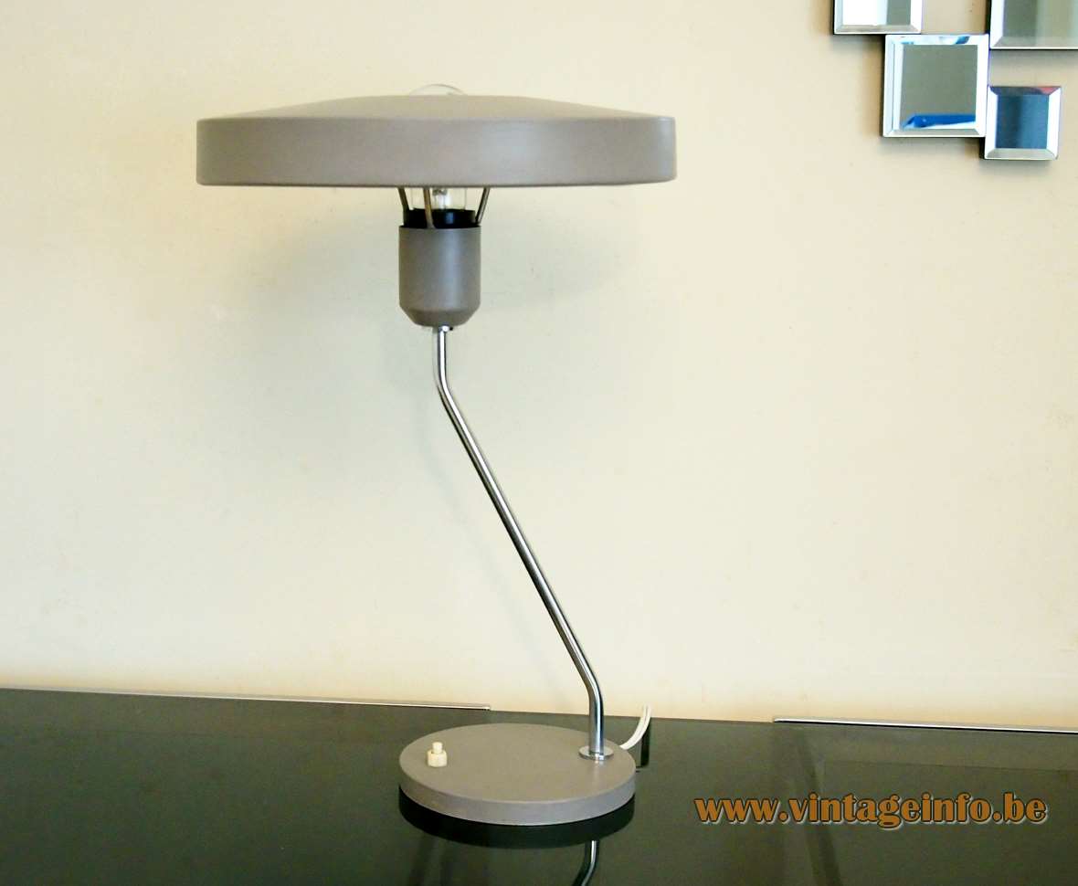 Philips Romeo desk lamp mushroom lampshade folded chrome rod round base Louis kalff design 1960s 1970s 