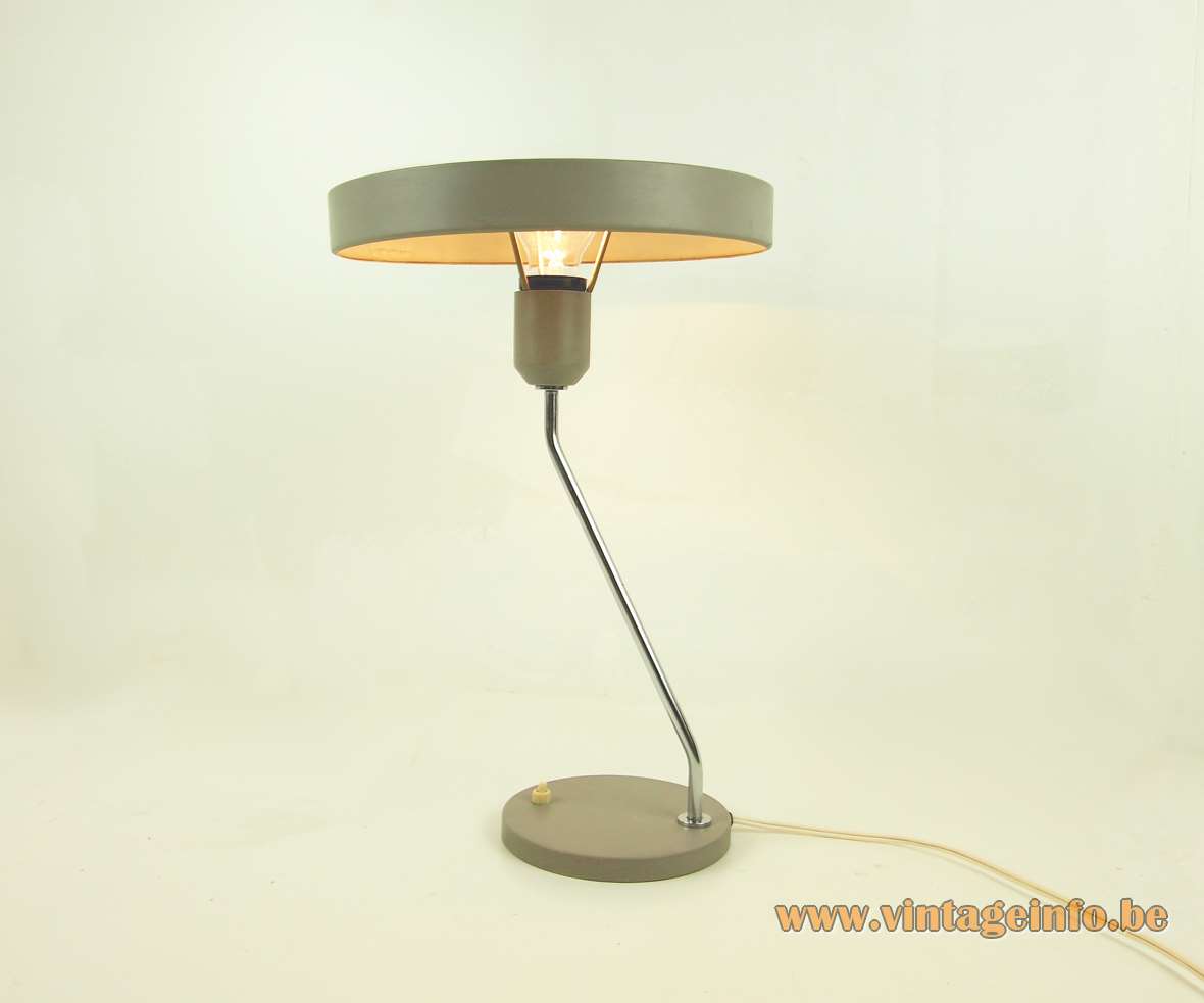 Philips Romeo desk lamp mushroom lampshade folded chrome rod round base Louis kalff design 1960s 1970s 