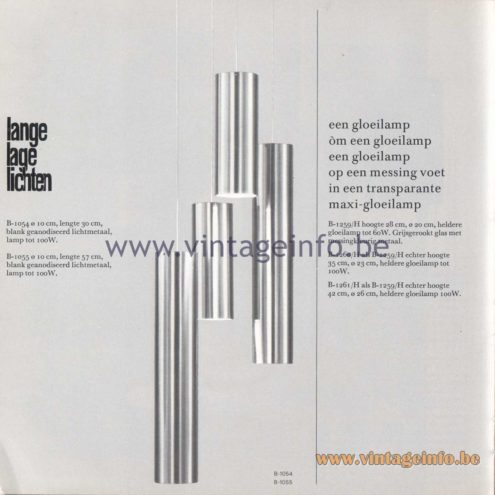 Raak Amsterdam Light Catalogue 8 - 1968 - Lange Lage Lichten B-1054, B-105.4, B-1259, B-1260, B-1261