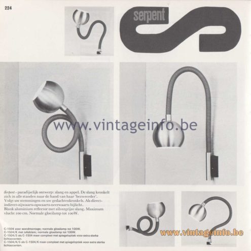 Raak Amsterdam Light Catalogue 8 - 1968 - Serpent Wall Lamp C-1504 Design Martine Le Forestier