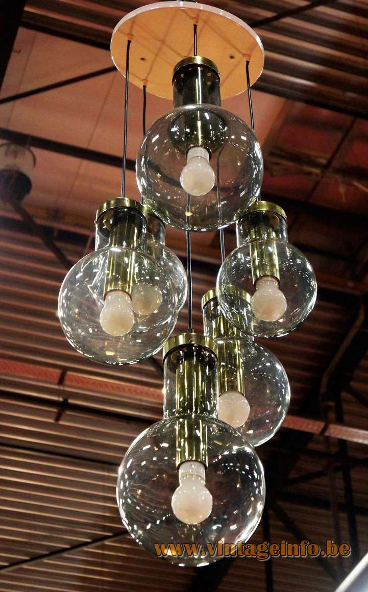 Raak Maxi-Lamp pendant chandelier 6 cascading smoked glass globe lampshades brass tubes E27 sockets 1960s 1970s