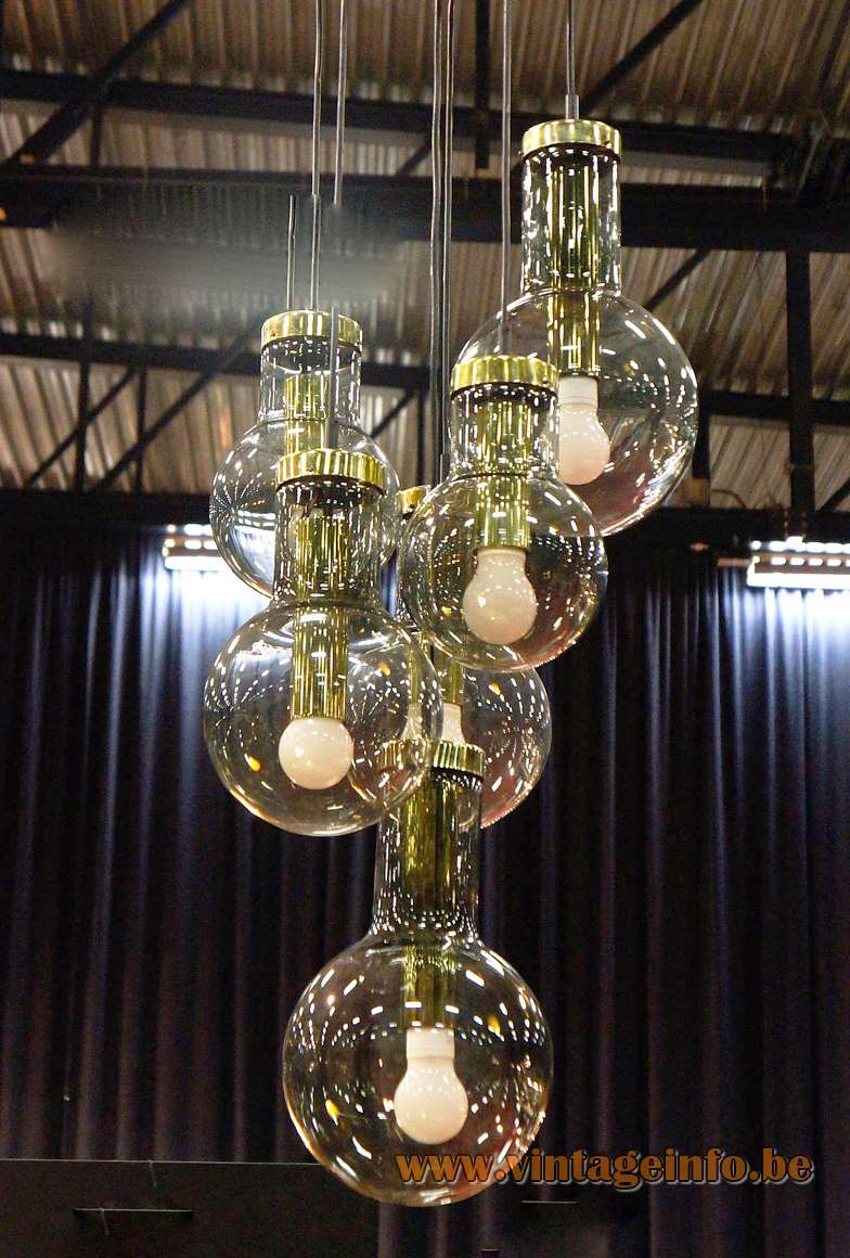 Raak Maxi-Lamp pendant chandelier 6 cascading smoked glass globe lampshades brass tubes E27 sockets 1960s 1970s