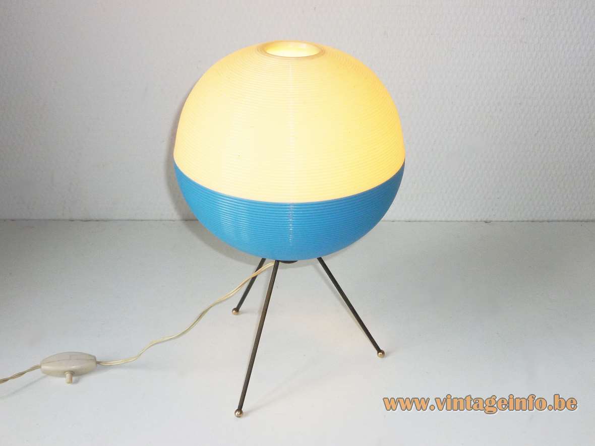 Rotaflex tripod globe table lamp blue & white plastic Rhodoïd ball design: Pierre Guariche 1950s 1960s A.R.P.