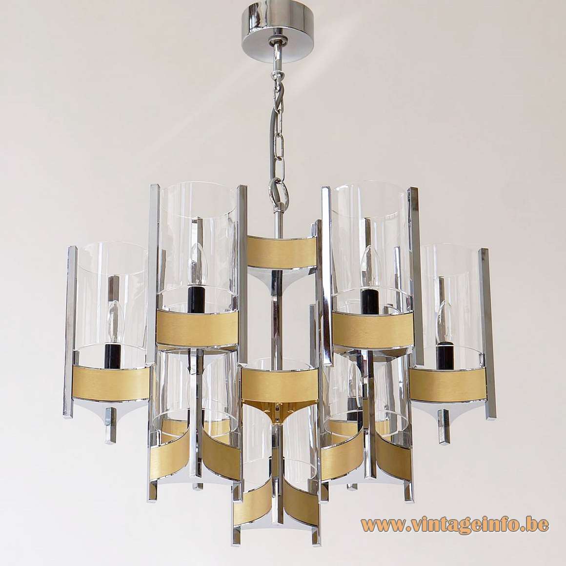 Sciolari Hurricane chandelier 9 tubular clear glass lampshades brushed brass chrome rods E14 sockets 1970s 1980s