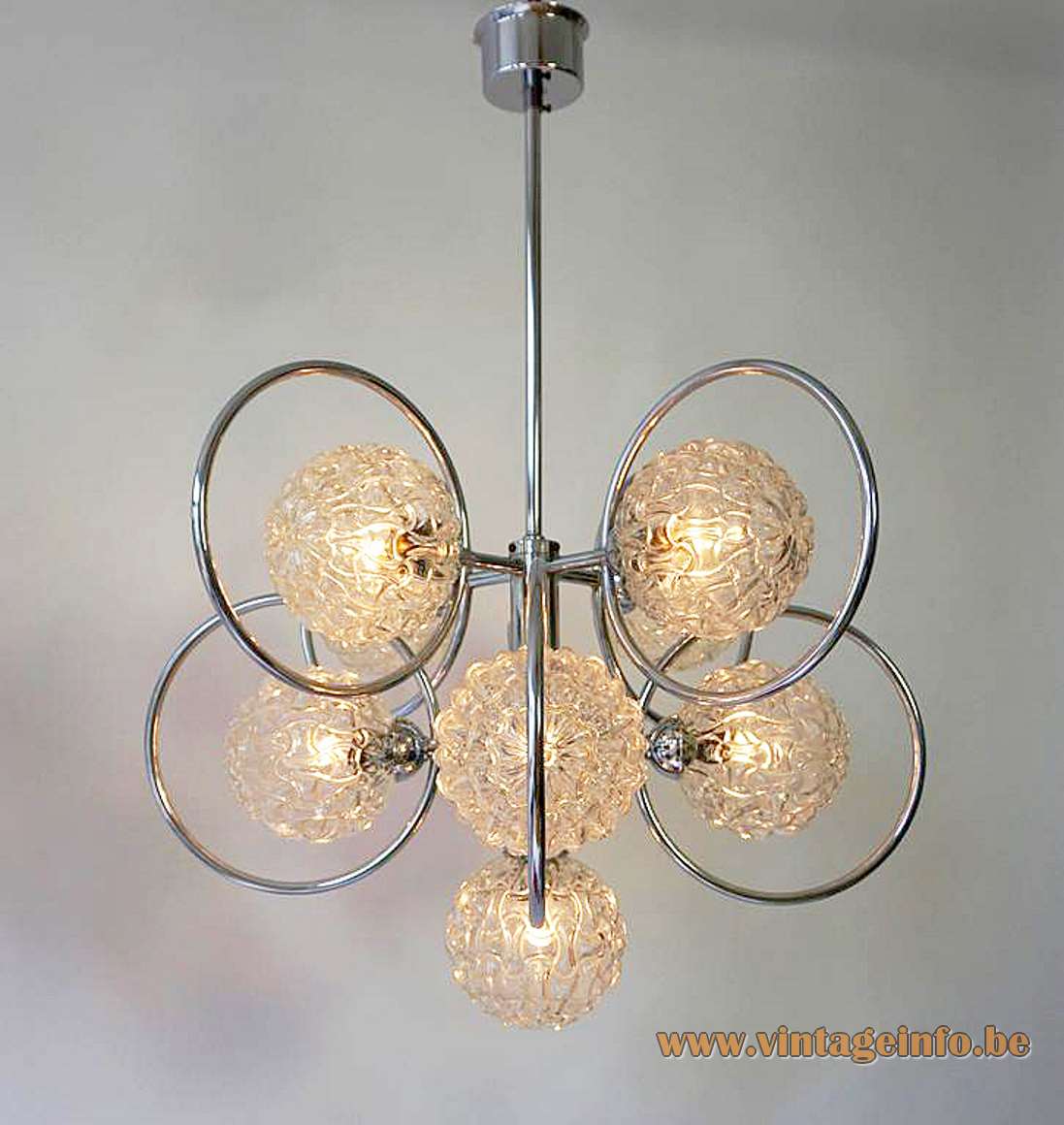 Sputnik glass globes chandelier 9 embossed balls chrome rings rod canopy 1960s 1970s Massive Belgium