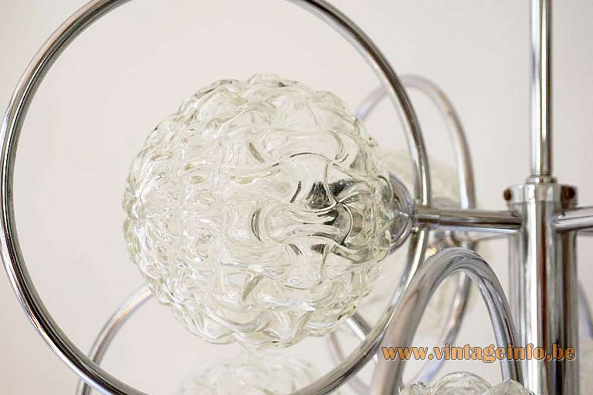 Sputnik glass globes chandelier 9 embossed balls chrome rings rod canopy 1960s 1970s Massive Belgium