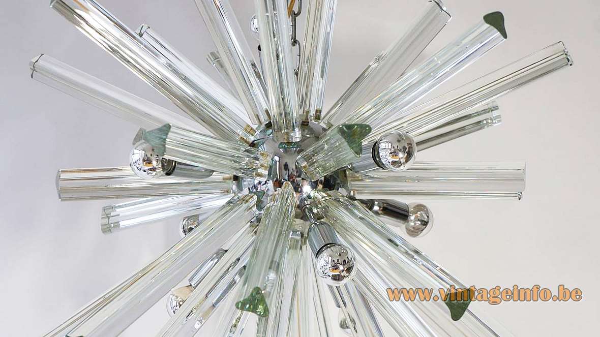 Trihedral crystal glass sputnik chandelier Trierdi glass rods chrome chain silver tipped bulbs 1970s Italy