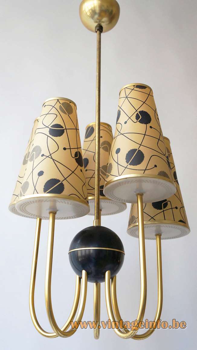 1950s ERCO conical cylinders chandelier black Bakelite globe curved brass rods 5 plastic tubes 1960s Germany