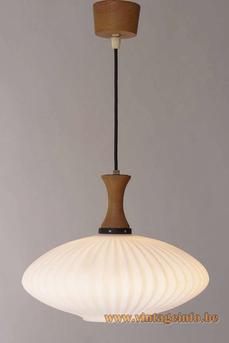 1950s Scandinavian ribbed glass pendant lamp Louis Kalff opal concave wood top Massive Belgium Philips 1960s