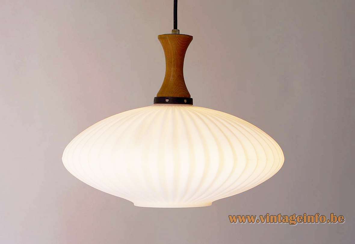 1950s Scandinavian ribbed glass pendant lamp Louis Kalff opal concave wood top Massive Belgium Philips 1960s