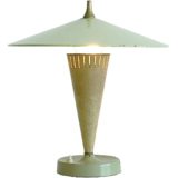 1950s VEB Leuchtenbau table lamp design: Lutz Rudolf round green base conical tube mushroom lampshade 1960s