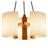 1960s acrylic & teak chandelier oval white pressed plastic grains lampshades wood rods Jalest France 1970s Arlus