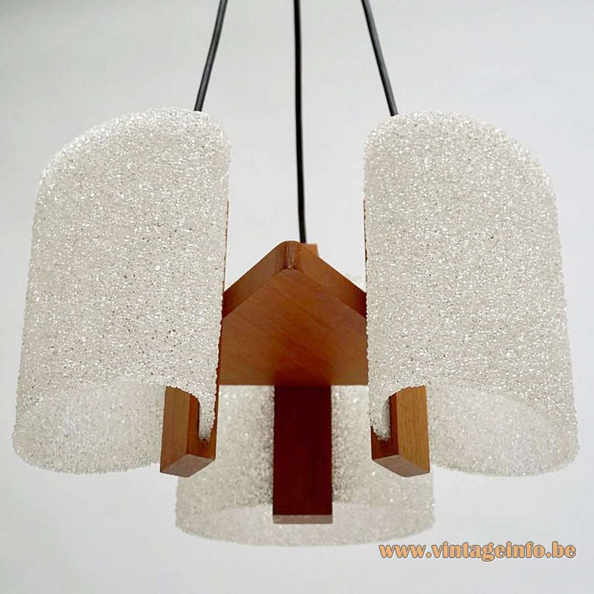 1960s acrylic & teak chandelier oval white pressed plastic grains lampshades wood rods Jalest France 1970s Arlus