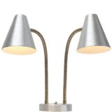 1960s Lightolier aluminium double table lamp design: Gerald Thurston round base conical perforated lampshades brass goosenecks