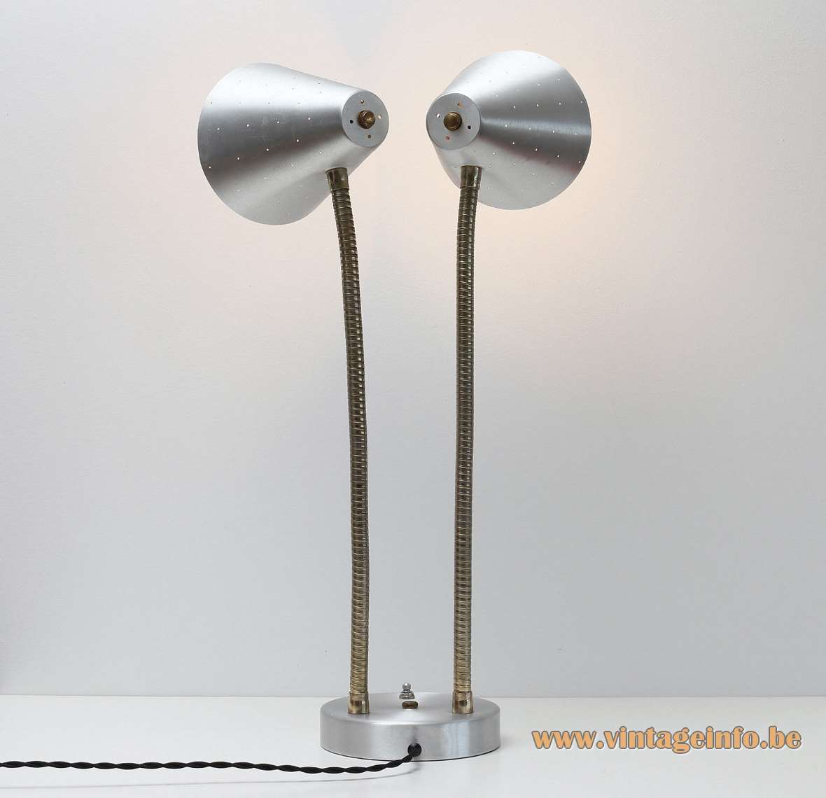 1960s Lightolier aluminium double table lamp design: Gerald Thurston round base conical perforated lampshades brass goosenecks
