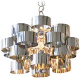 1970s stainless steel cylinders chandelier stacked metal rings round chrome chain canopy 8 E14 sockets Italy vintage