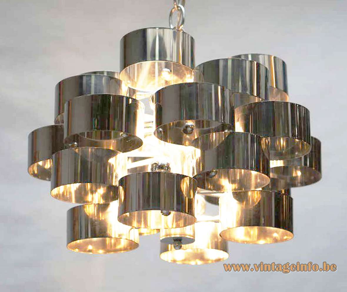 1970s stainless steel cylinders chandelier stacked metal rings round chrome chain canopy 8 E14 sockets Italy vintage