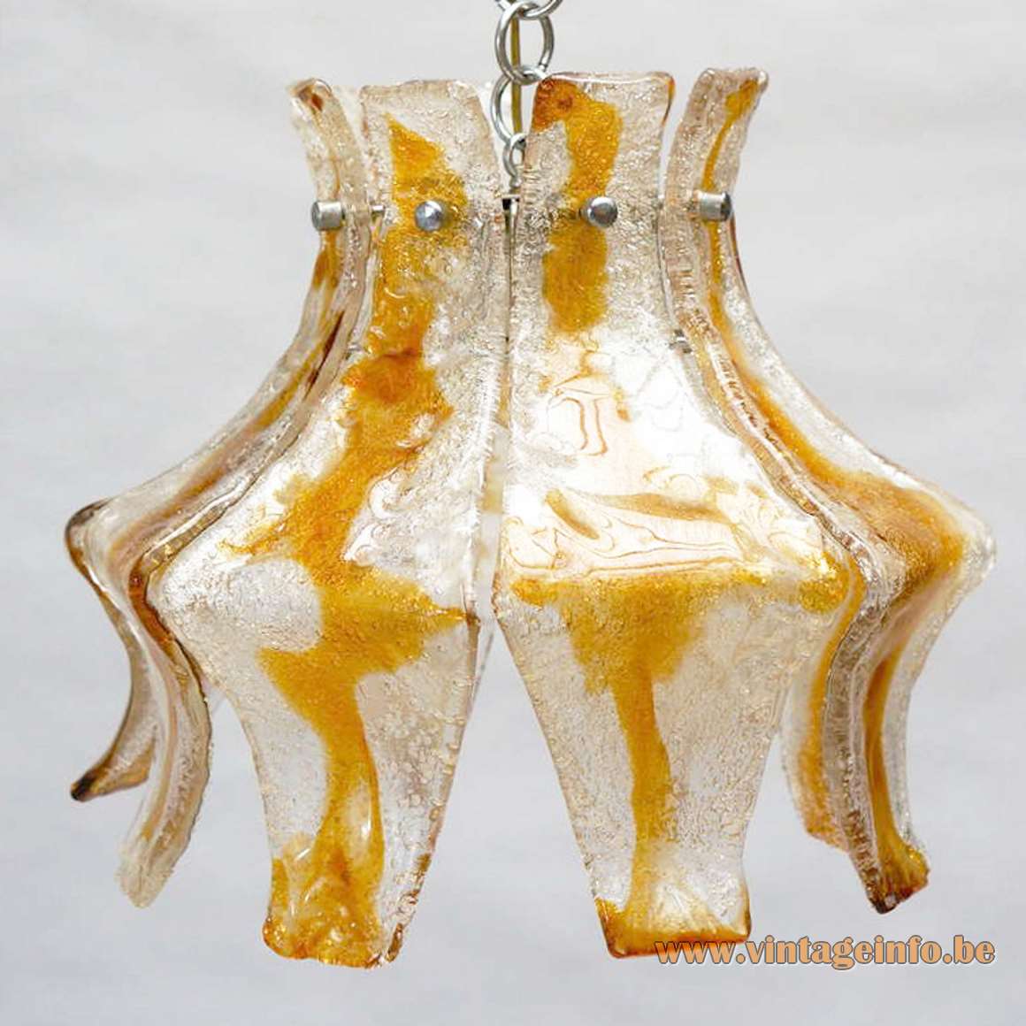 AV Mazzega amber foliate pendant lamp design: Carlo Nason 8 glass leaves chrome frame chain 1970s