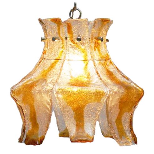 AV Mazzega amber foliate pendant lamp design: Carlo Nason 8 glass leaves chrome frame chain 1970s