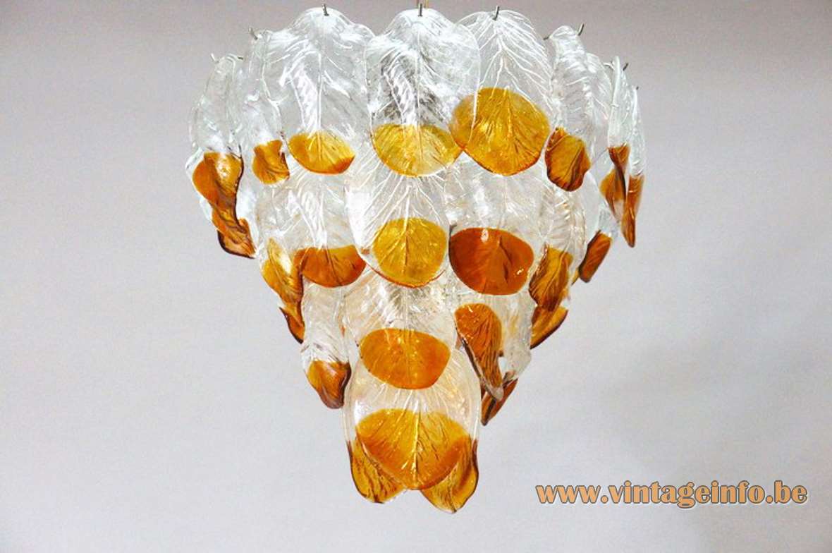 AV Mazzega glass leaves chandelier 36 amber leaves chrome frame chain Carlo Nason Murano 1960s 1970s 