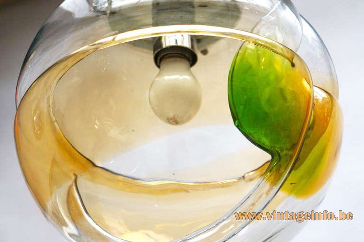 AV Mazzega Murano glass globe pendant lamp design: Carlo Nason chrome chain yellow green 1960s 1970s Italy