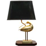 Brass curlew table lamp black wood base molded metal bird curved rod conical lampshade 1970s 1980s