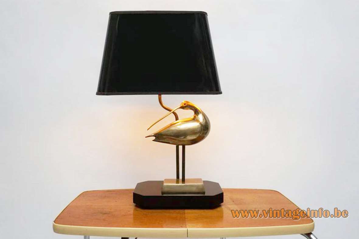 Brass curlew table lamp black wood base molded metal bird curved rod conical lampshade 1970s 1980s