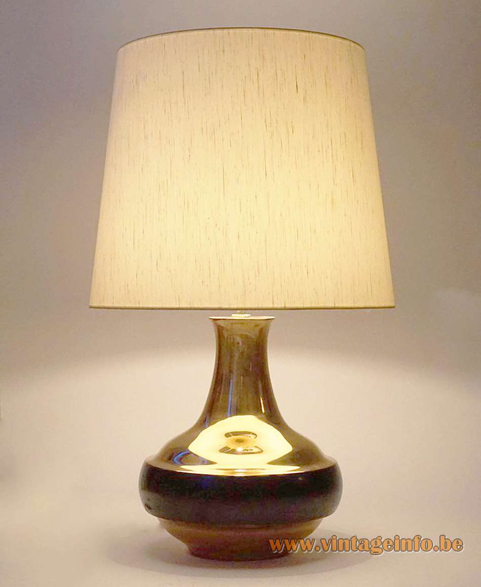 Bruno Gambone brass table lamp round black ring conical fabric lampshade Ceramiche Gambone Florence Italy 1970s 1980s 