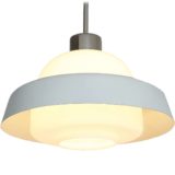 Czech Lustry opal glass pendant lamp white aluminium ring lampshade chrome rod canopy 1960s Kamenický Šenov