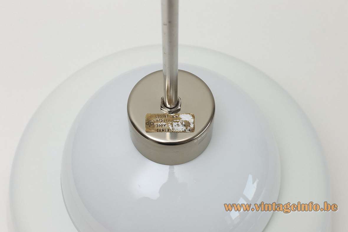 Czech Lustry opal glass pendant lamp white aluminium ring lampshade chrome rod canopy 1960s Kamenický Šenov