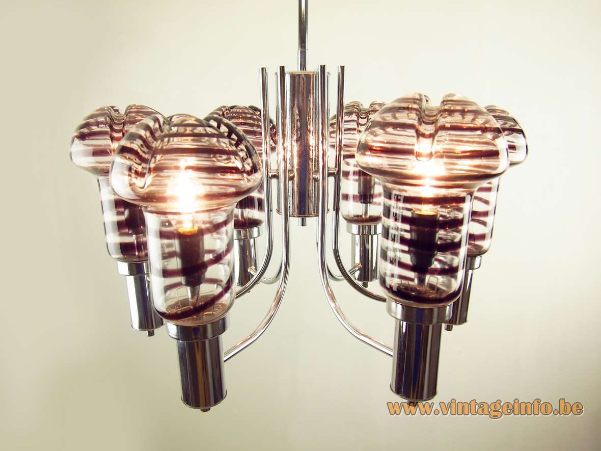 Esperia striped purple glass chandelier design: Angelo Brotto twisted turned curved chrome rods 1960s 1970s