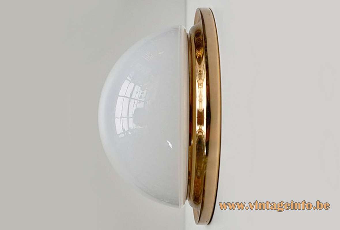 Glashütte Limburg half round opal flush mount white glass lamp brass ring 1970s 1980s Germany