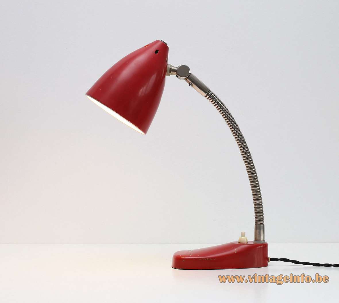 Hala Zeist desk lamp 13 red base chrome gooseneck joint perforated red conical lampshade 1950s 1960s