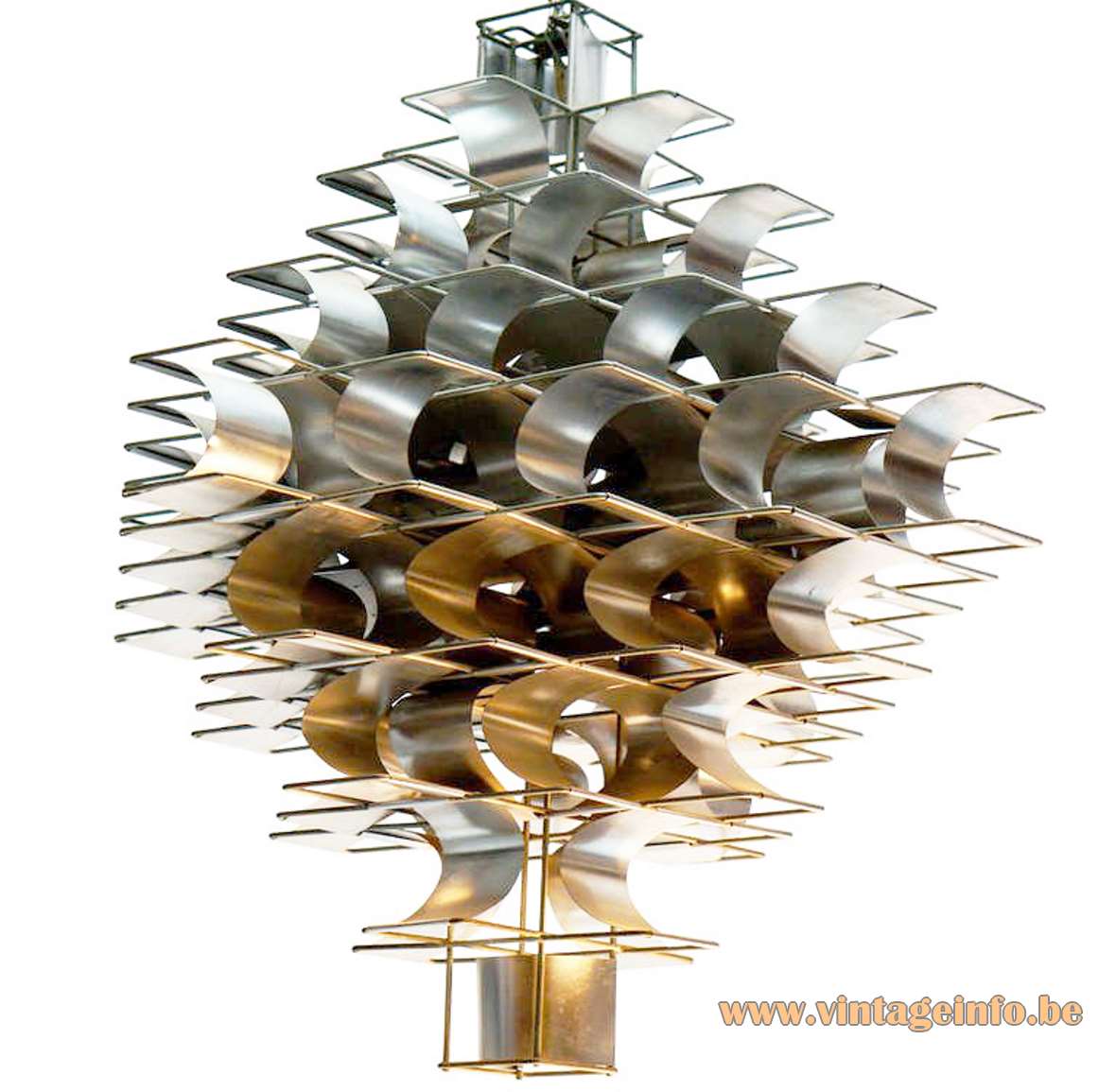Max Sauze Cassiopé pendant lamp 1970s design curved folded aluminium slats metal iron wire frame France 