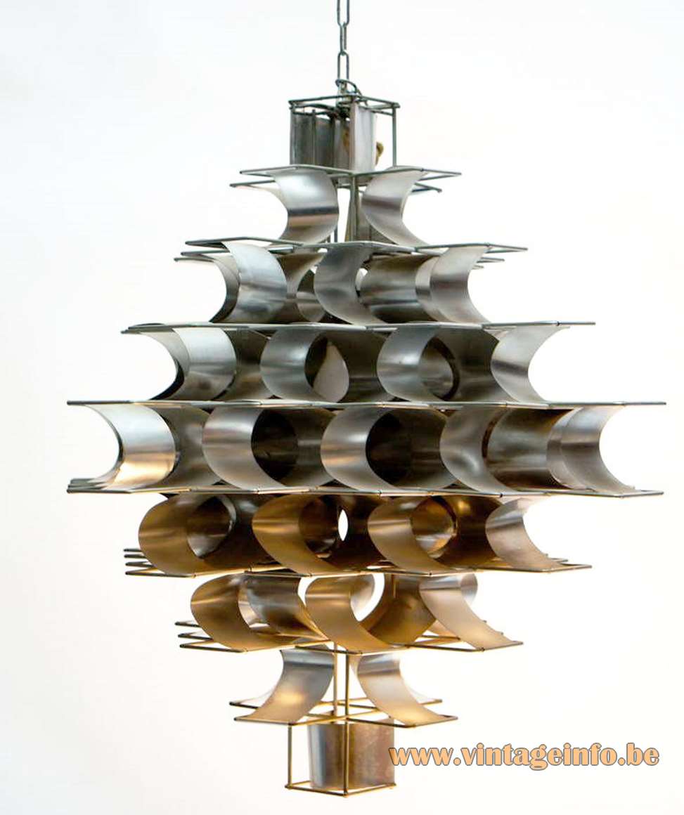 Max Sauze Cassiopé pendant lamp 1970s design curved folded aluminium slats metal iron wire frame France 