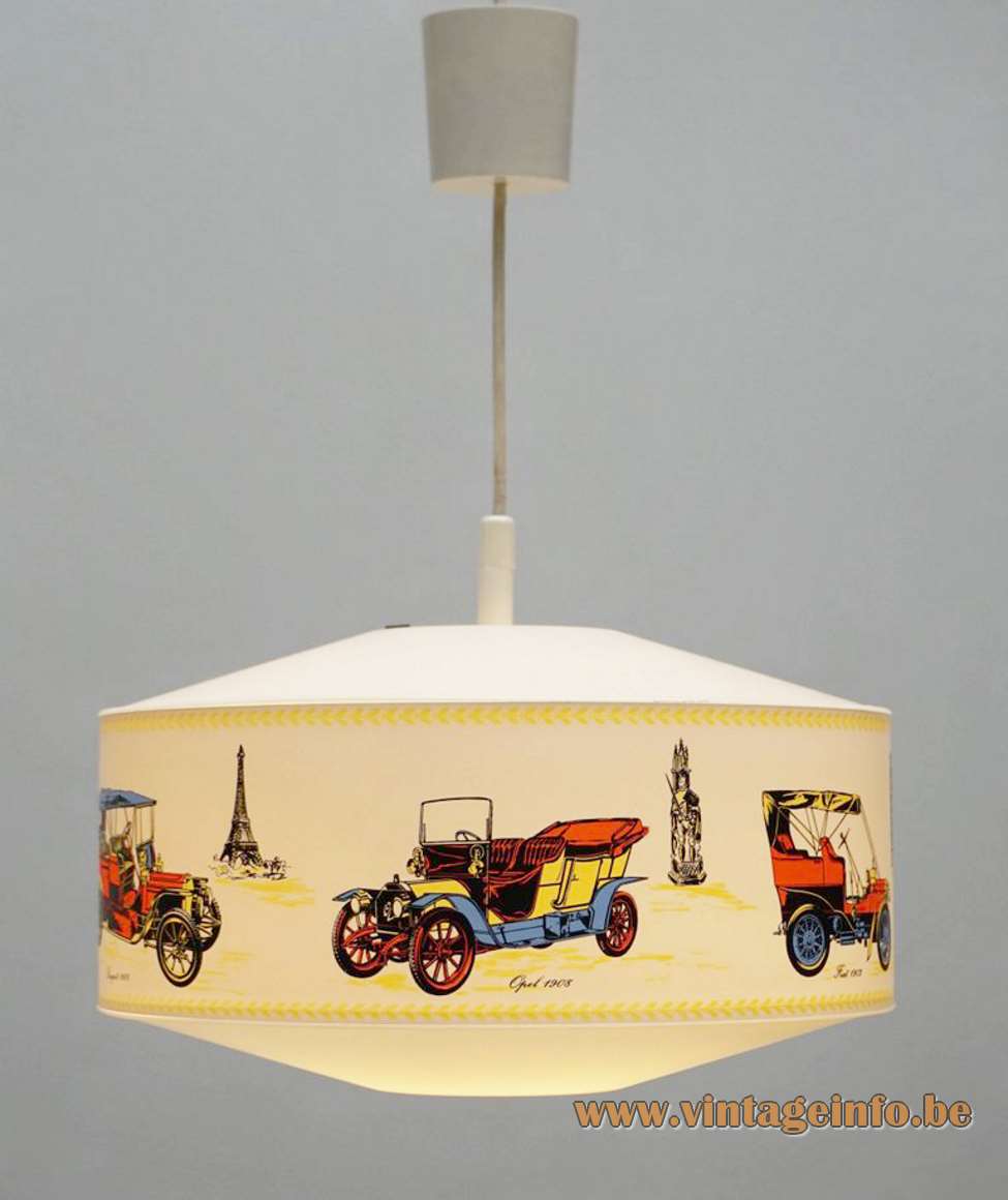 Philips NPD 245 oldtimer pendant lamp round white plastic light decorated with old cars 1960s 1970s