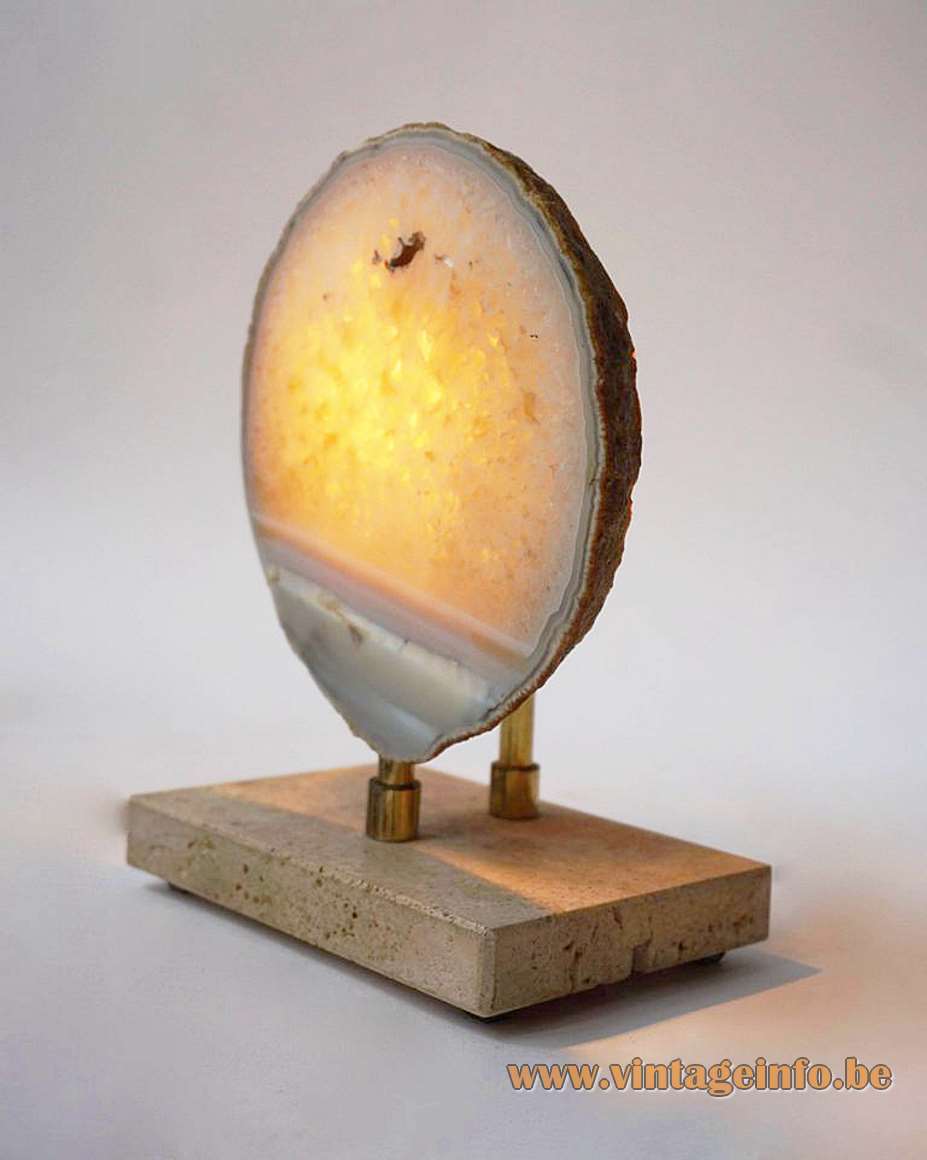 Pierre Faveere agate table lamp rectangular travertine base brass rod stone slice Willy Daro Belgium 1970s  