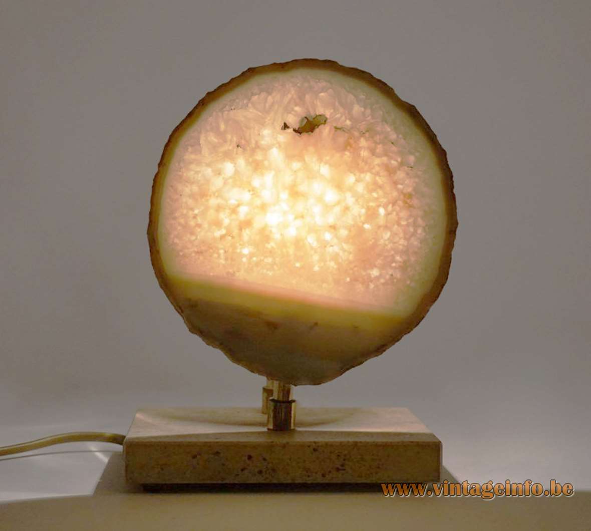 Pierre Faveere agate table lamp rectangular travertine base brass rod stone slice Willy Daro Belgium 1970s 